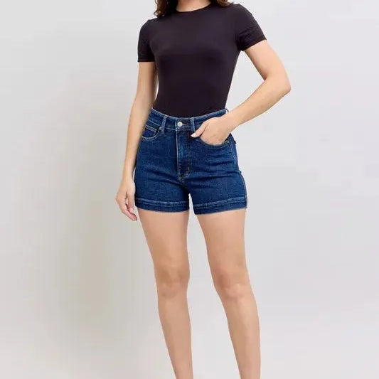 Judy Blue Indigo Smooth High Rise Tummy Control Denim Shorts-Women's Shorts-Shop Z & Joxa