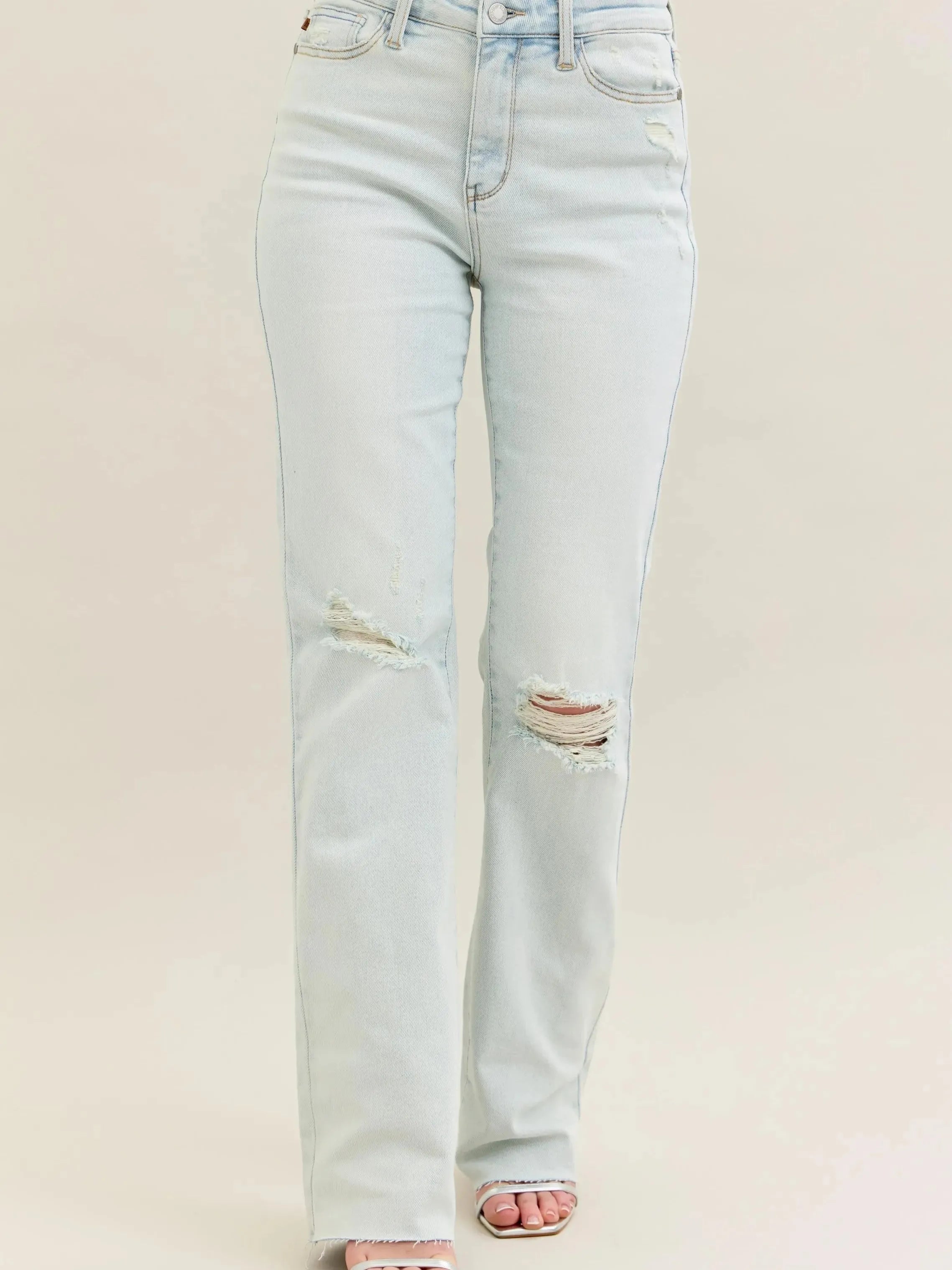 Judy Blue Lighthearted Distressed Frayed Hem Bootcut Jeans-Women's Jeans-Shop Z & Joxa