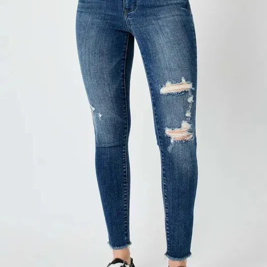 Judy Blue Midnight Edge High Rise Distressed Skinny Jeans-Women's Jeans-Shop Z & Joxa
