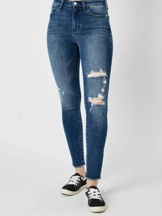 Judy Blue Midnight Edge High Rise Distressed Skinny Jeans-Women's Jeans-Shop Z & Joxa