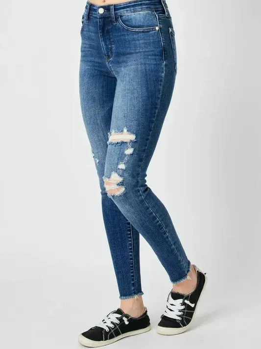 Judy Blue Midnight Edge High Rise Distressed Skinny Jeans-Women's Jeans-Shop Z & Joxa
