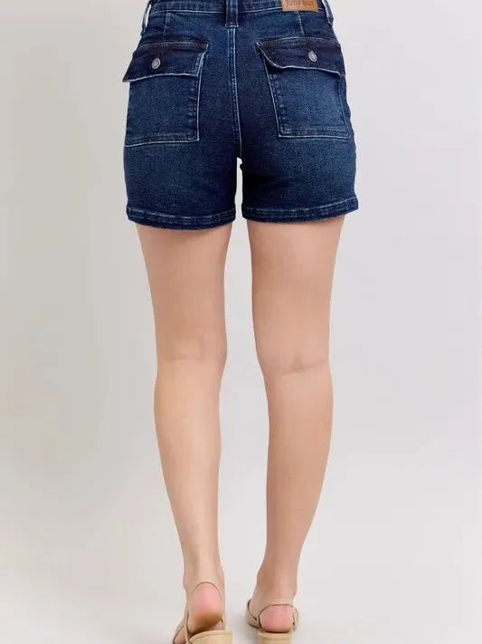 Judy Blue Midnight Flap High Rise Back Flap Pocket Denim Shorts-Women's Shorts-Shop Z & Joxa