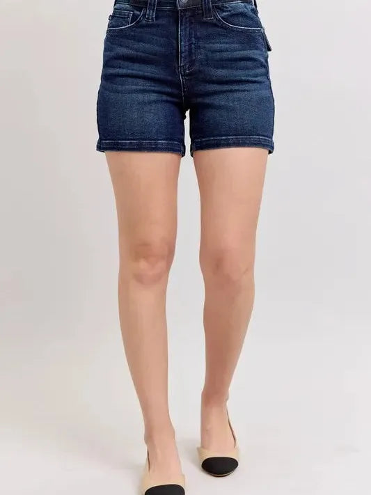 Judy Blue Midnight Flap High Rise Back Flap Pocket Denim Shorts-Women's Shorts-Shop Z & Joxa