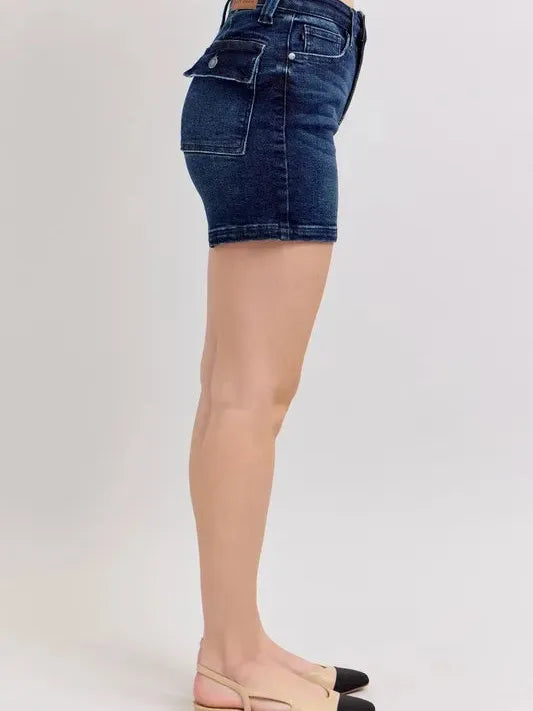 Judy Blue Midnight Flap High Rise Back Flap Pocket Denim Shorts-Women's Shorts-Shop Z & Joxa
