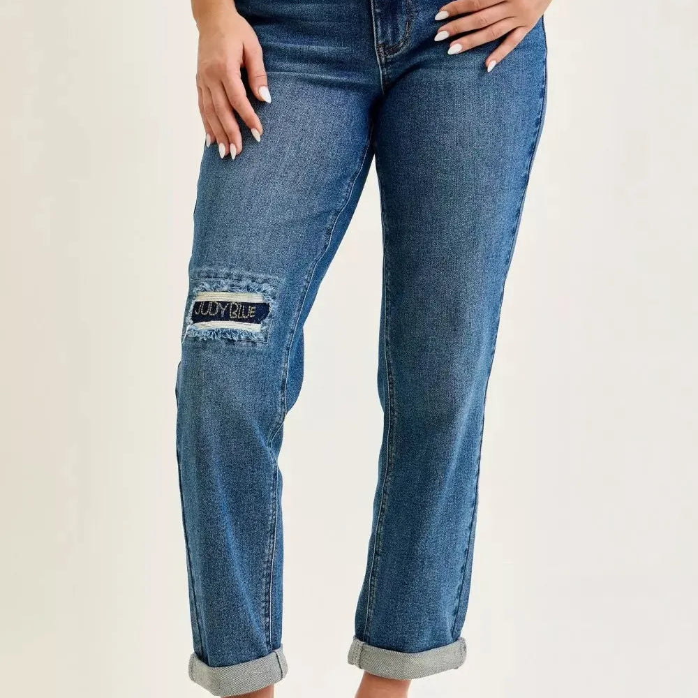 Judy Blue Patch Me If You Can Mid Rise Boyfriend Patch Jeans-Women's Jeans-Shop Z & Joxa