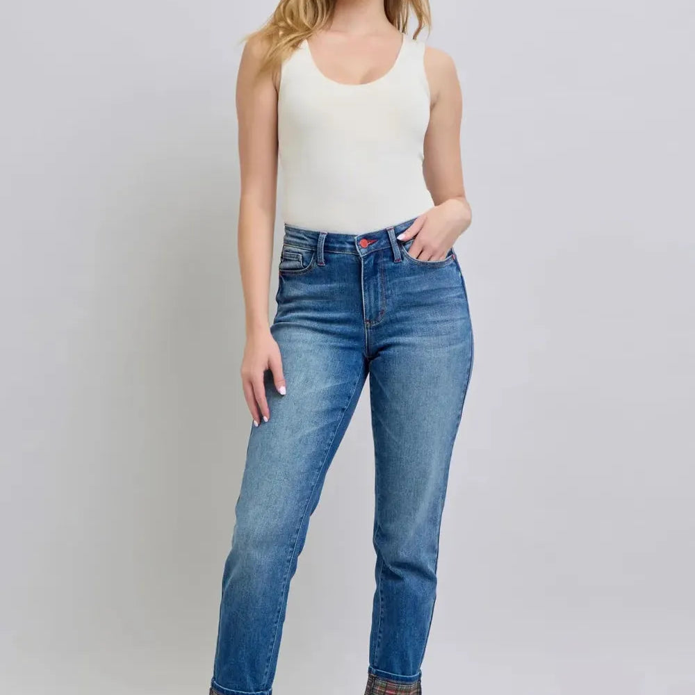 Judy Blue Plaid Perfection Plaid Cuff Straight Leg Jeans-Women's Jeans-Shop Z & Joxa