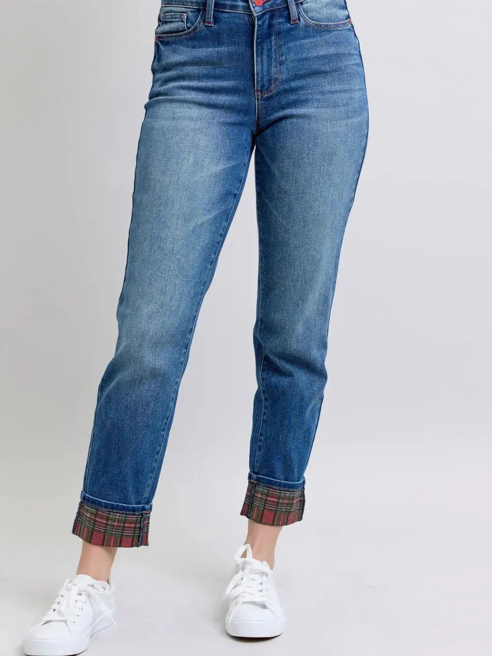 Judy Blue Plaid Perfection Plaid Cuff Straight Leg Jeans-Women's Jeans-Shop Z & Joxa