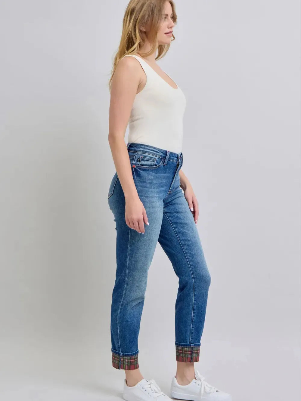 Judy Blue Plaid Perfection Plaid Cuff Straight Leg Jeans-Women's Jeans-Shop Z & Joxa