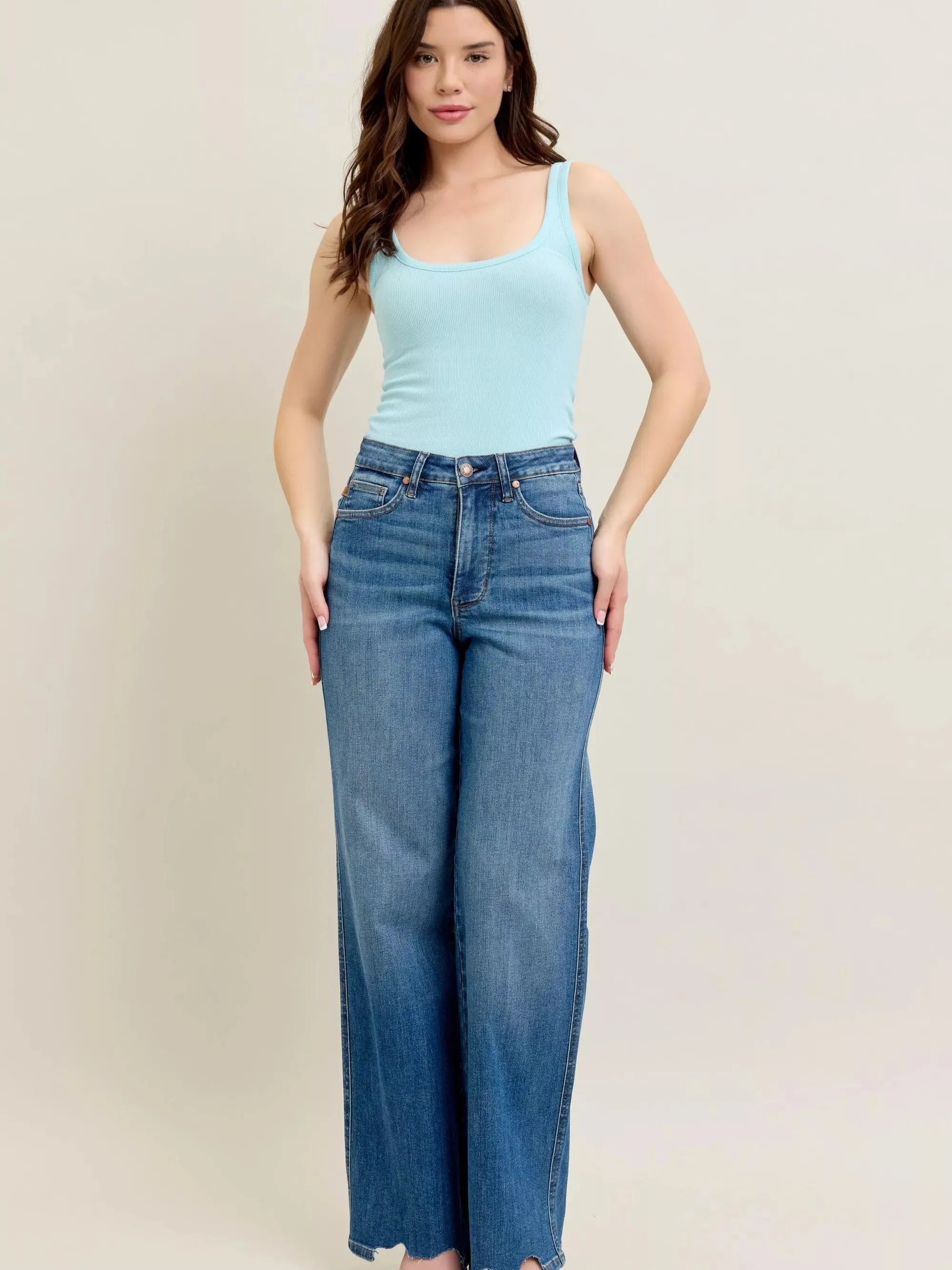 Judy Blue Raw Rhythm Tummy Control Highrise Chewed Wide Jeans-Women's Jeans-Shop Z & Joxa