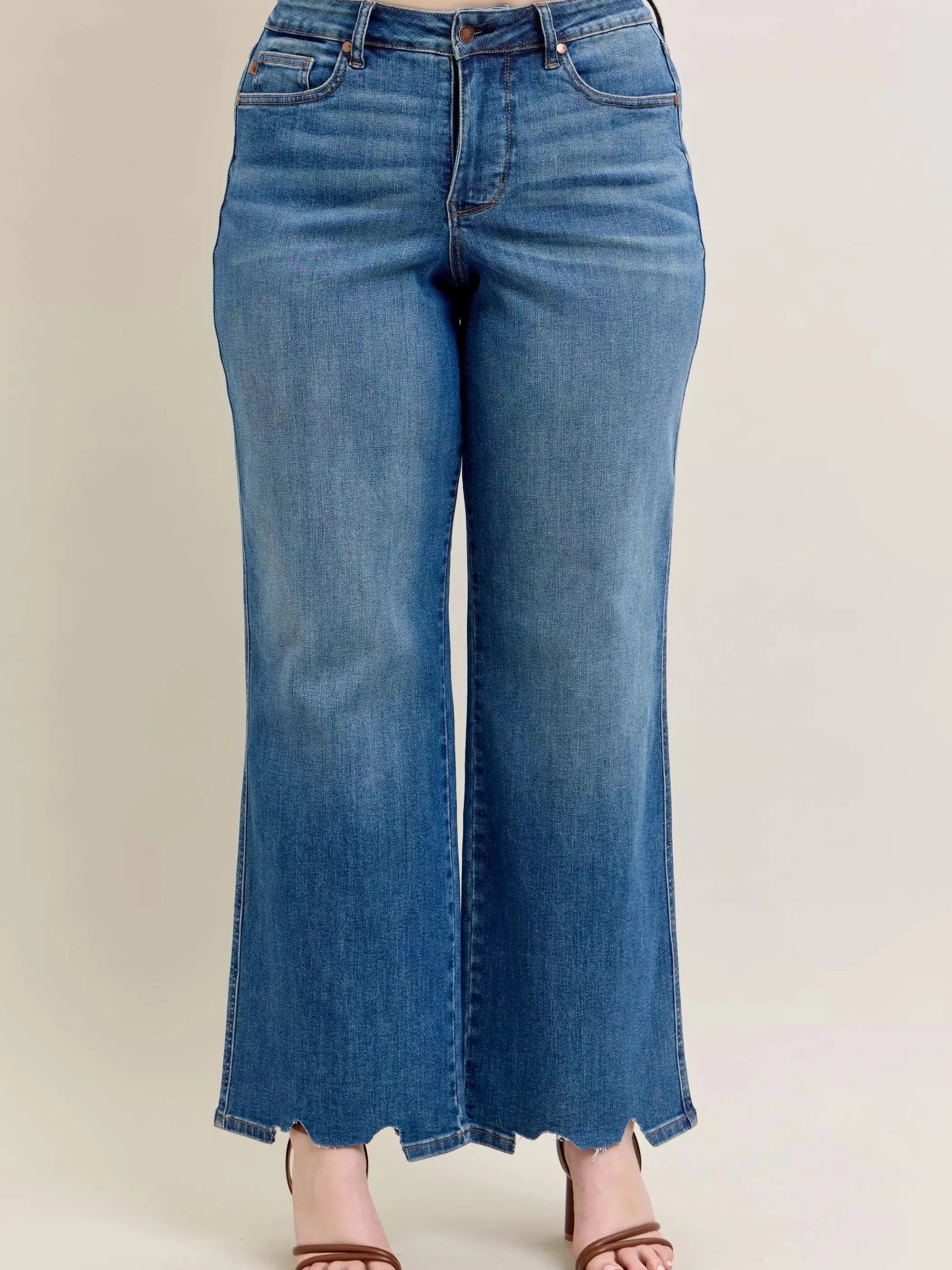 Judy Blue Raw Rhythm Tummy Control Highrise Chewed Wide Jeans-Women's Jeans-Shop Z & Joxa