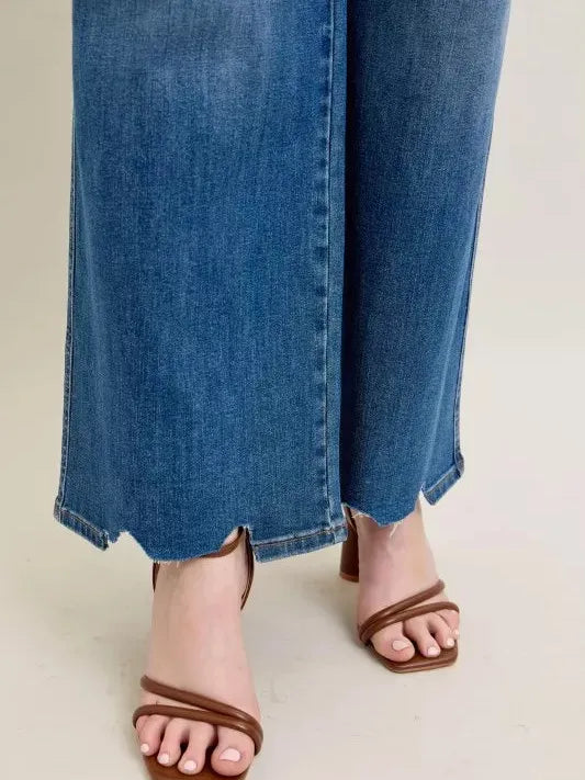 Judy Blue Raw Rhythm Tummy Control Highrise Chewed Wide Jeans-Women's Jeans-Shop Z & Joxa
