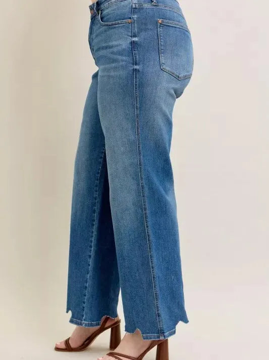 Judy Blue Raw Rhythm Tummy Control Highrise Chewed Wide Jeans-Women's Jeans-Shop Z & Joxa