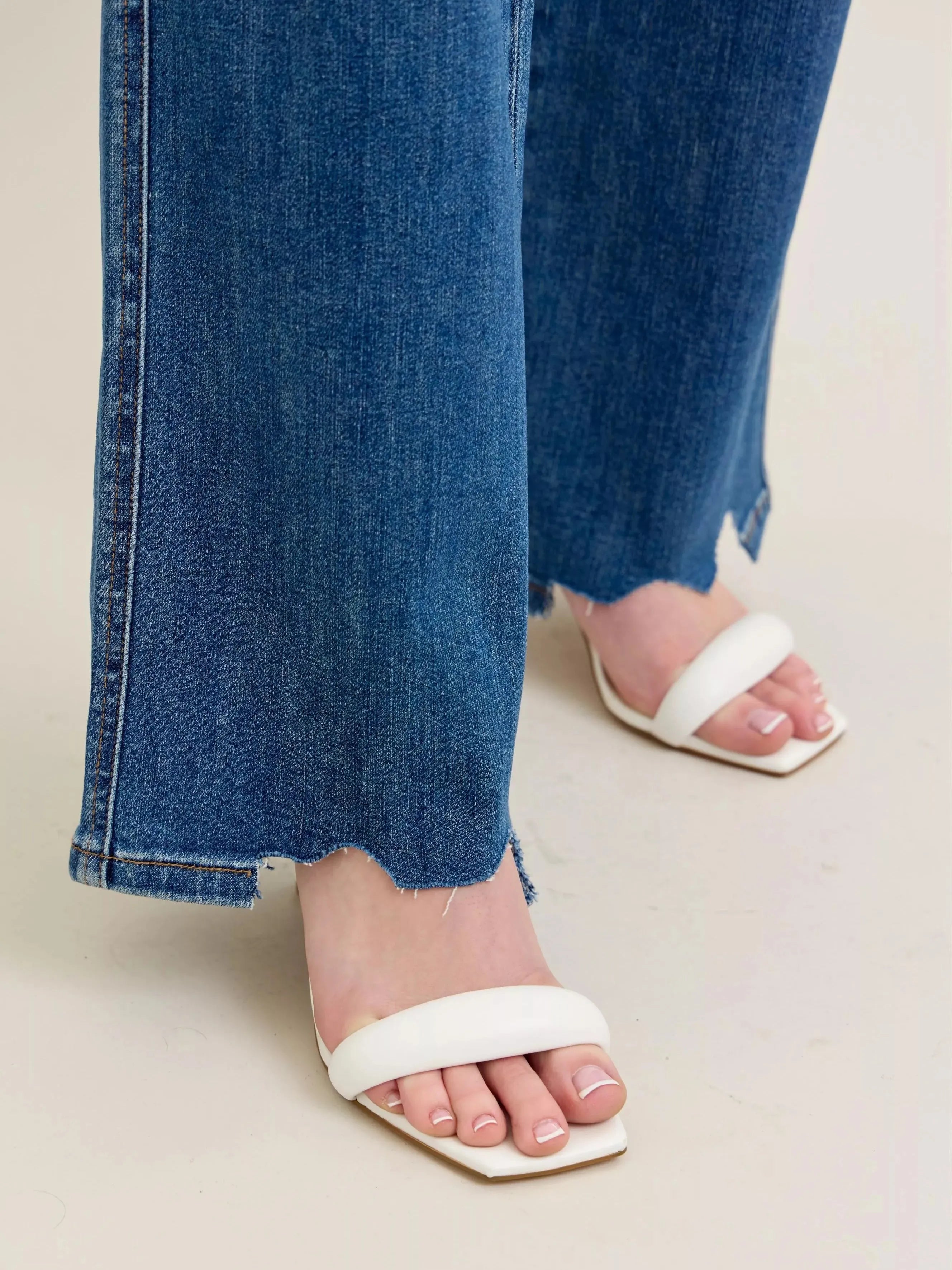 Judy Blue Raw Rhythm Tummy Control Highrise Chewed Wide Jeans-Women's Jeans-Shop Z & Joxa