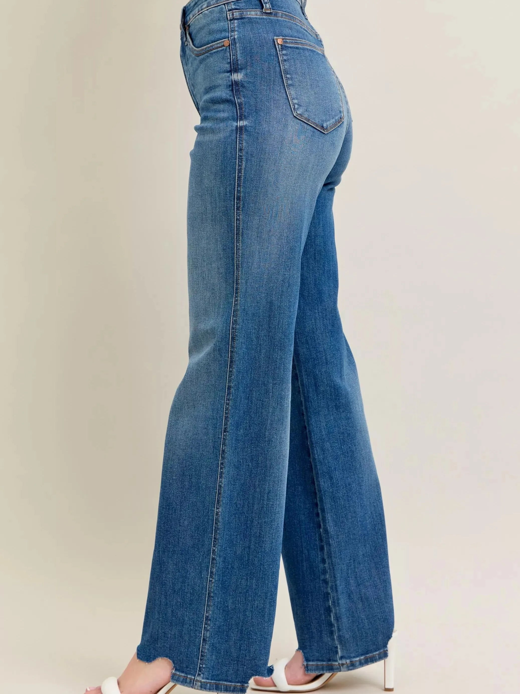 Judy Blue Raw Rhythm Tummy Control Highrise Chewed Wide Jeans-Women's Jeans-Shop Z & Joxa