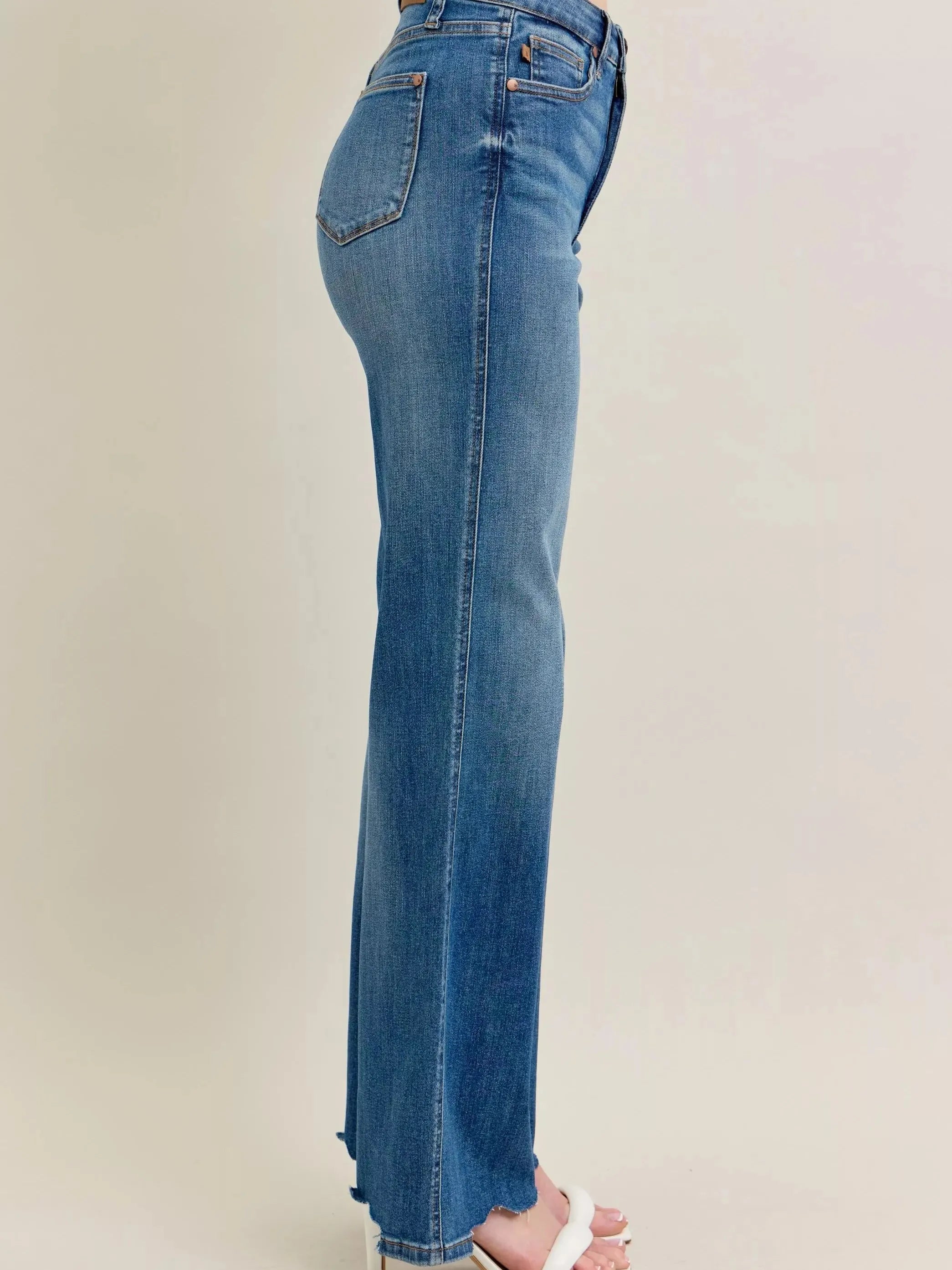 Judy Blue Raw Rhythm Tummy Control Highrise Chewed Wide Jeans-Women's Jeans-Shop Z & Joxa