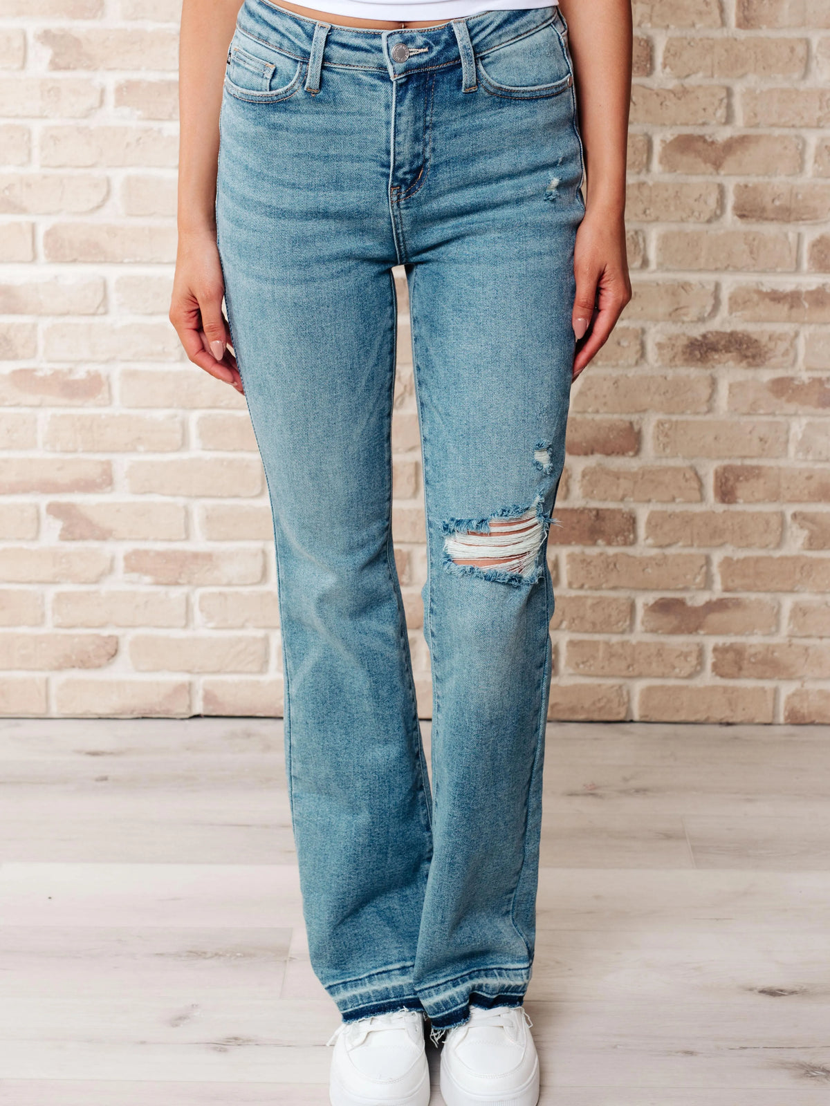 Judy Blue Raw and Reckless Ditressed Bootcut Mid Rise Jeans-Women's Jeans-Shop Z & Joxa