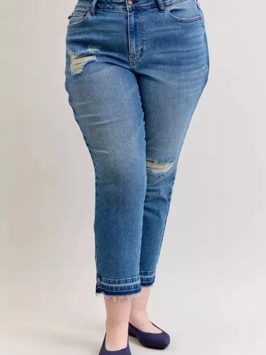 Judy Blue Rebel Heart Mid Rise Boyfriend Release Hem Jeans-Jeans-Shop Z & Joxa