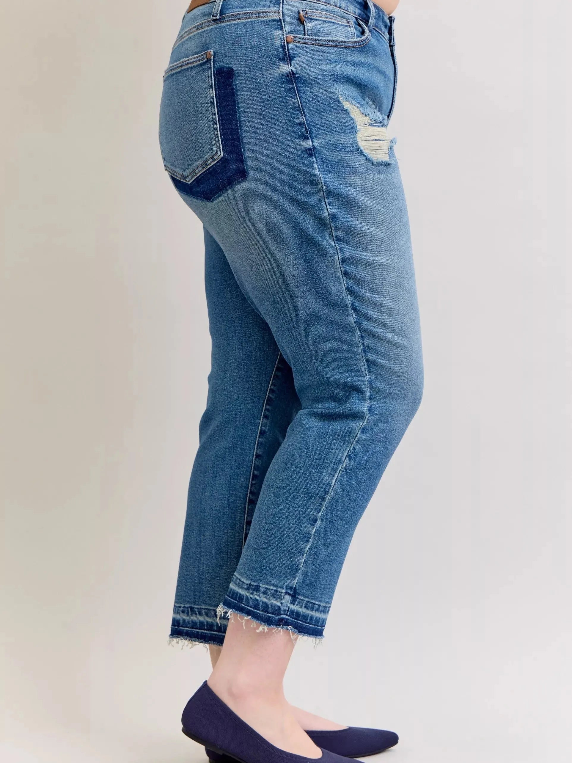 Judy Blue Rebel Heart Mid Rise Boyfriend Release Hem Jeans-Jeans-Shop Z & Joxa
