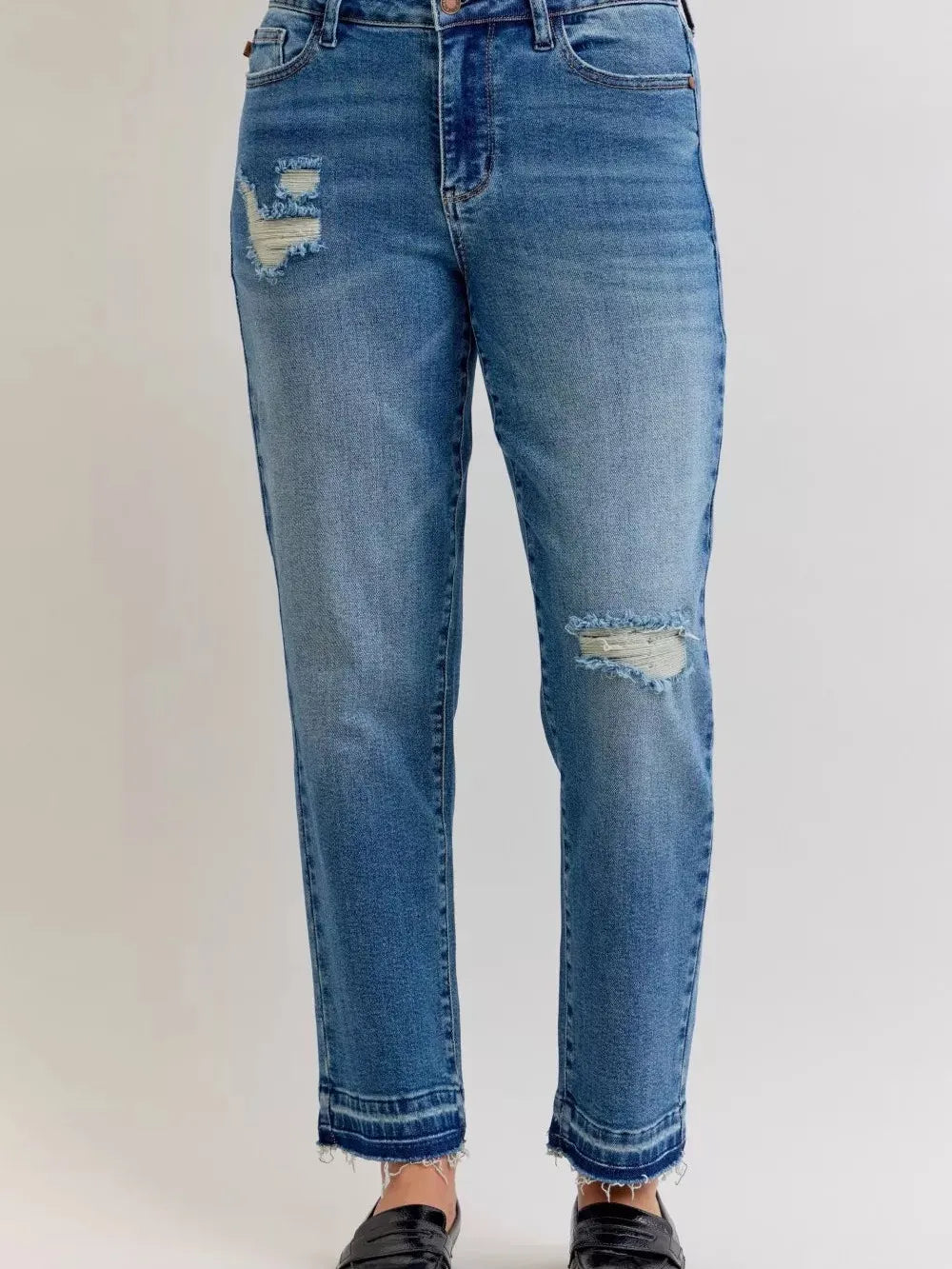 Judy Blue Rebel Heart Mid Rise Boyfriend Release Hem Jeans-Jeans-Shop Z & Joxa