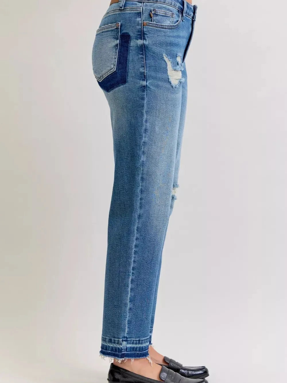 Judy Blue Rebel Heart Mid Rise Boyfriend Release Hem Jeans-Jeans-Shop Z & Joxa
