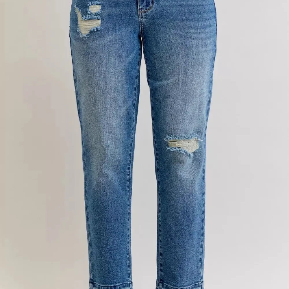 Judy Blue Rebel Heart Mid Rise Boyfriend Release Hem Jeans-Women's Jeans-Shop Z & Joxa