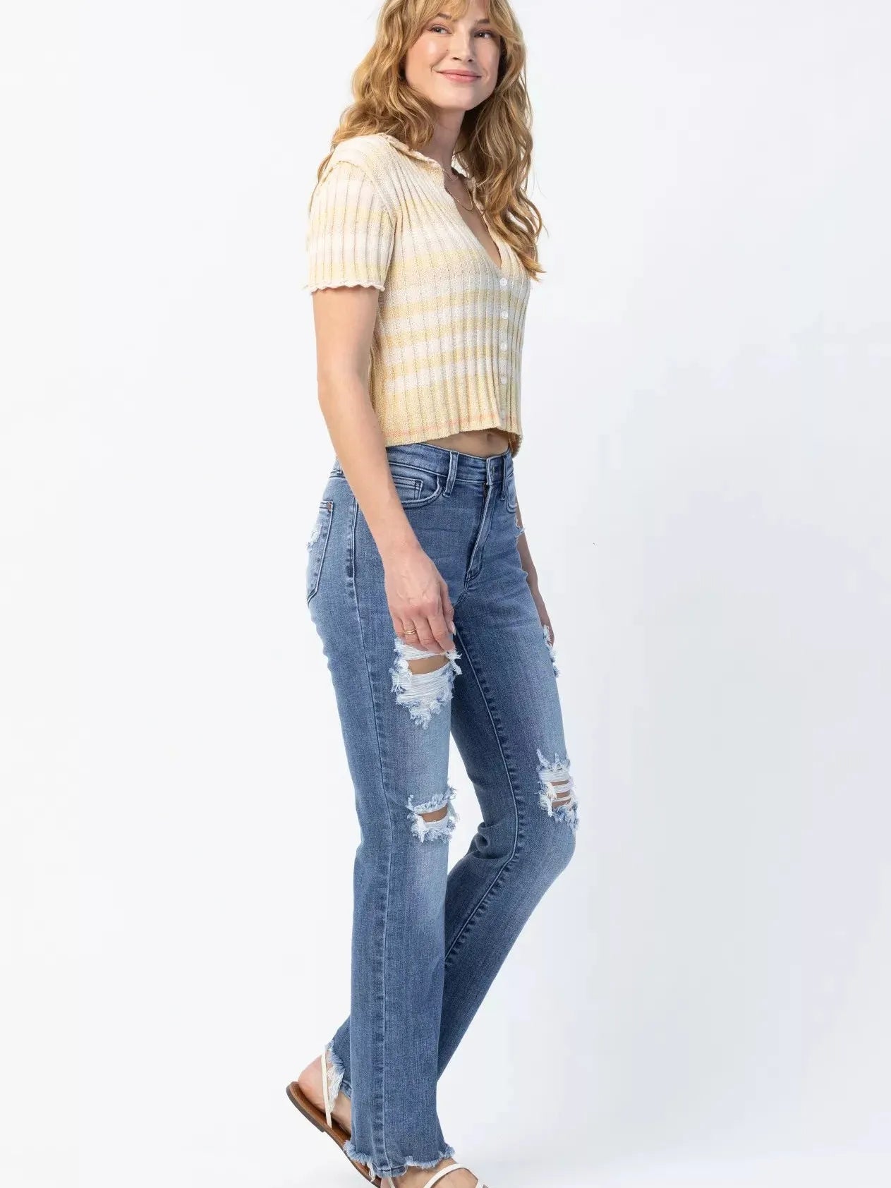 Judy Blue Rebel Stone Destroyed Mid Rise Straight Cut Jeans-Women's Jeans-Shop Z & Joxa