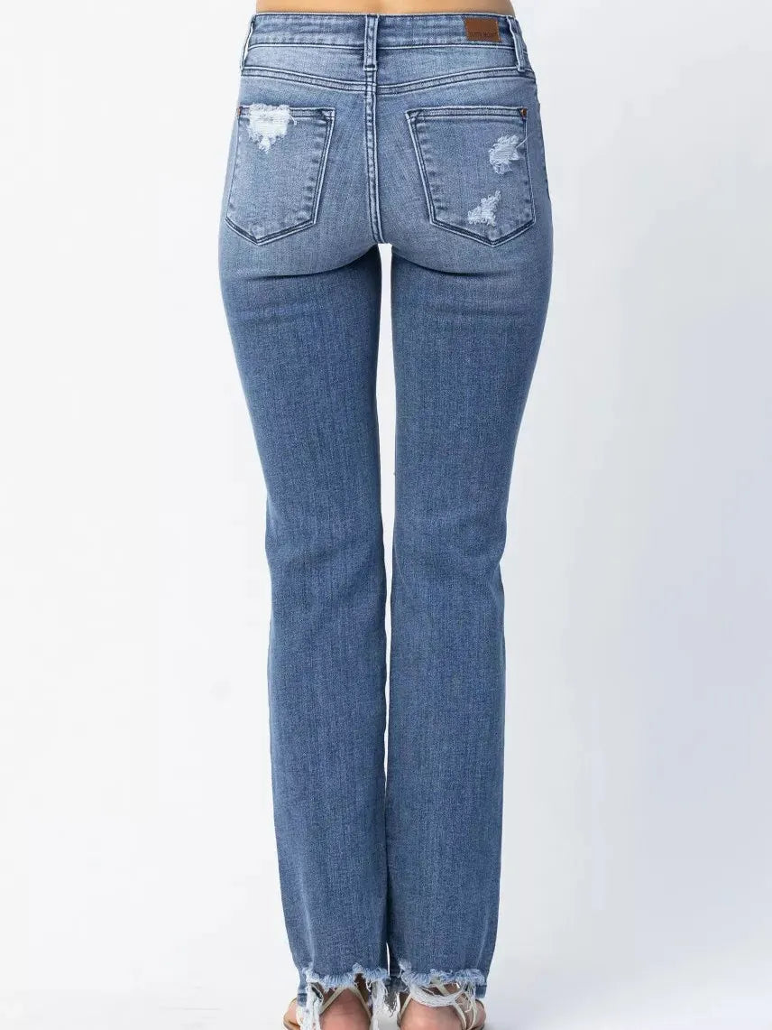 Judy Blue Rebel Stone Destroyed Mid Rise Straight Cut Jeans-Women's Jeans-Shop Z & Joxa