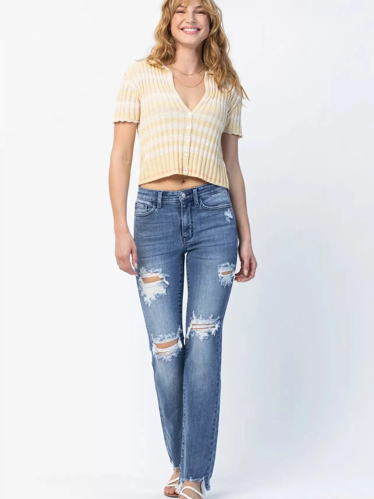 Judy Blue Rebel Stone Destroyed Mid Rise Straight Cut Jeans-Women's Jeans-Shop Z & Joxa