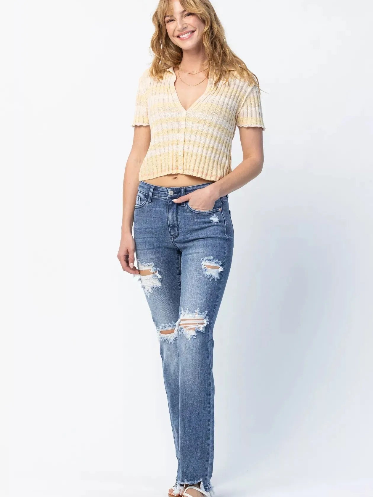 Judy Blue Rebel Stone Destroyed Mid Rise Straight Cut Jeans-Women's Jeans-Shop Z & Joxa