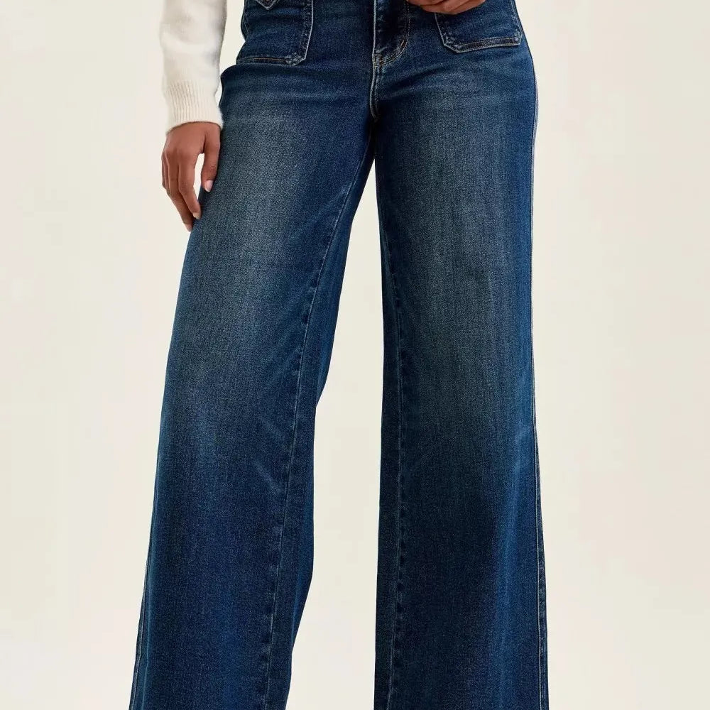 Judy Blue Retro Revival Wide Leg Jeans with Front Patch Tab Closure-Women's Jeans-Shop Z & Joxa