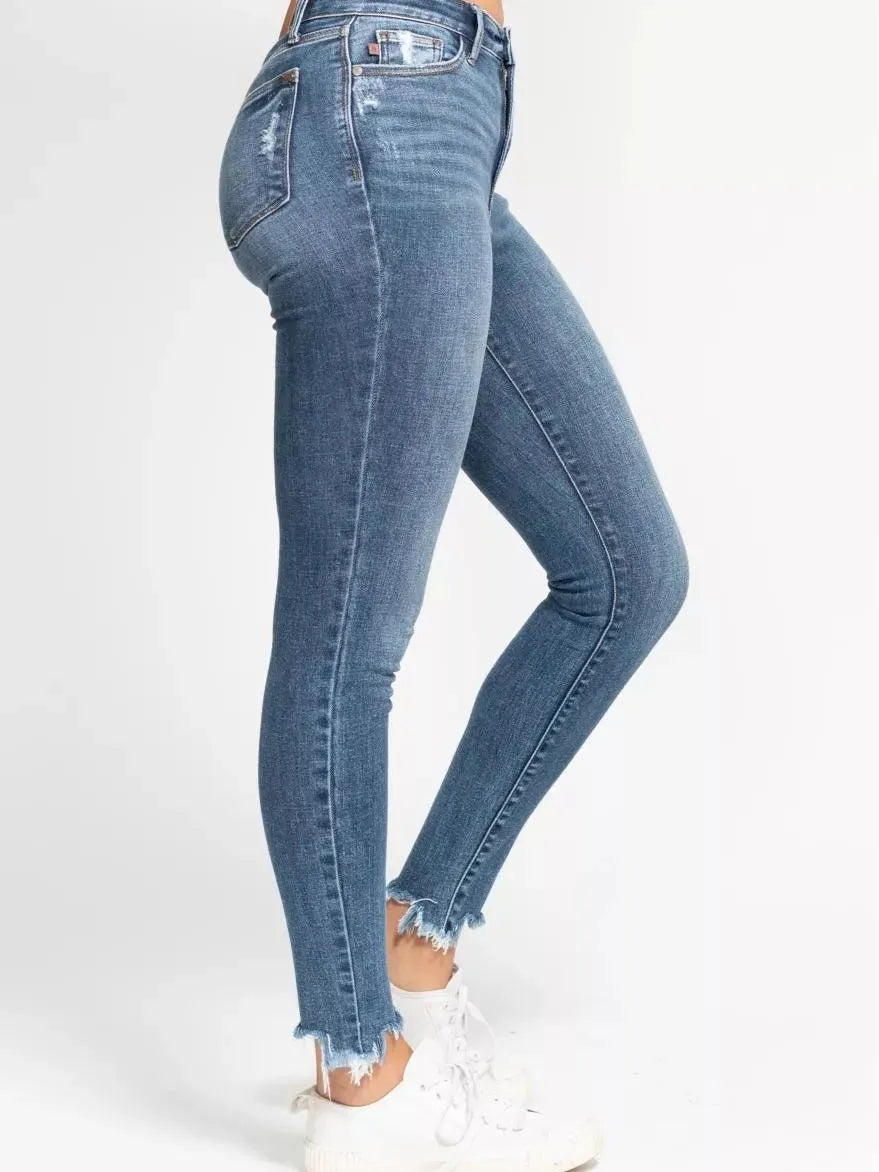 Judy Blue Shark Bite High Waist Skinny Jeans with Shark Bit Hem-Women's Jeans-Shop Z & Joxa