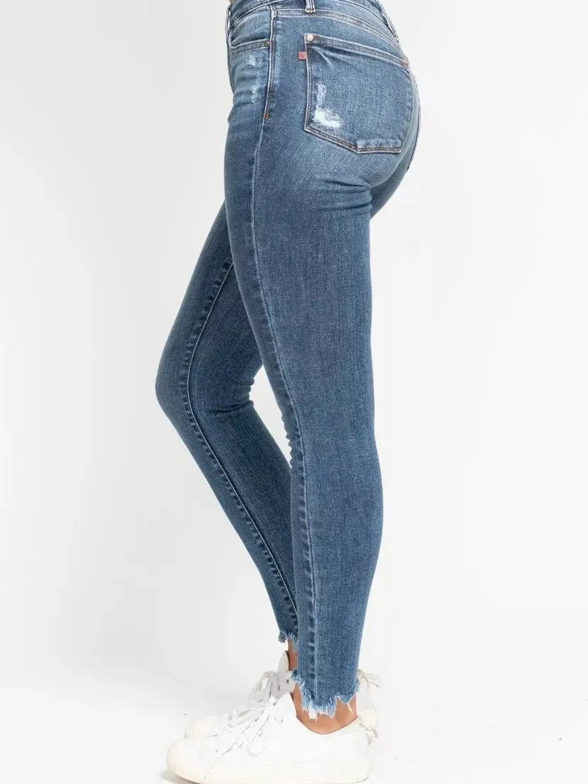 Judy Blue Shark Bite High Waist Skinny Jeans with Shark Bit Hem-Women's Jeans-Shop Z & Joxa
