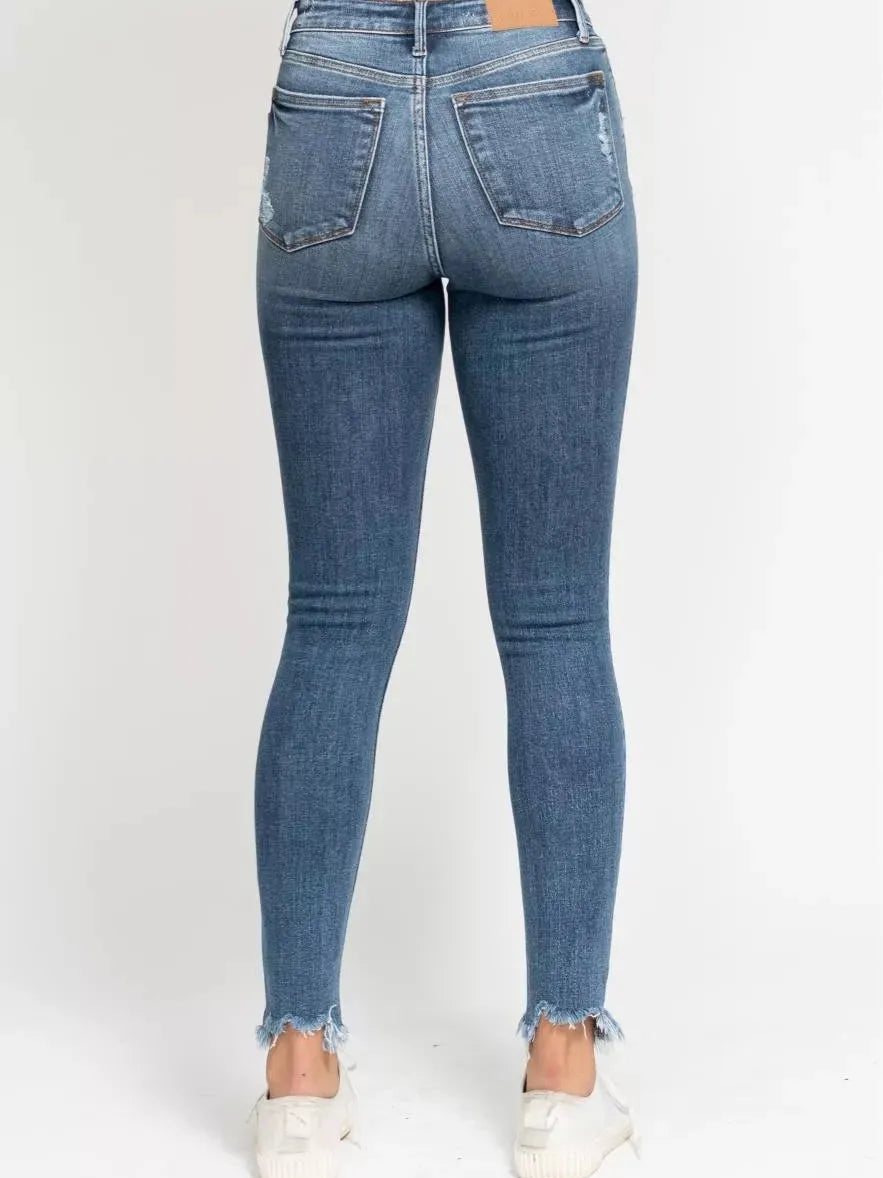 Judy Blue Shark Bite High Waist Skinny Jeans with Shark Bit Hem-Women's Jeans-Shop Z & Joxa