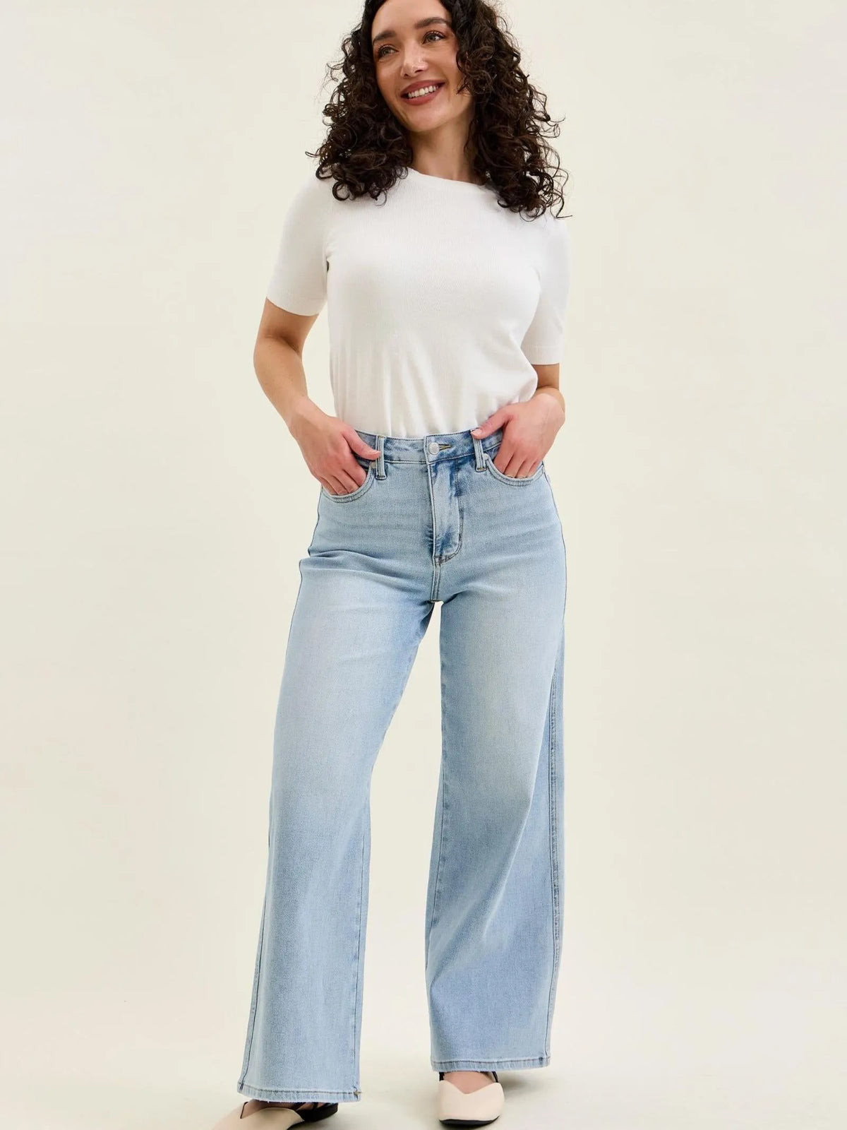 Judy Blue Short and Sweet Highrise Tummy Control Wide Leg Retro Jeans-Women's Jeans-Shop Z & Joxa