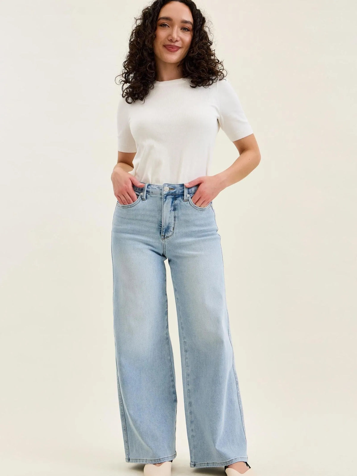 Judy Blue Short and Sweet Highrise Tummy Control Wide Leg Retro Jeans-Women's Jeans-Shop Z & Joxa