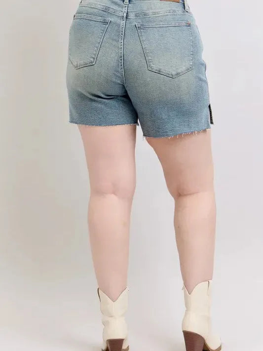 Judy Blue Side Hustle High Waist Vintage Wash Side Slit Denim Shorts-Women's Jeans-Shop Z & Joxa