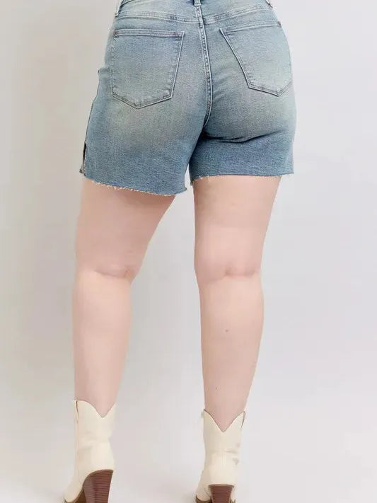 Judy Blue Side Hustle High Waist Vintage Wash Side Slit Denim Shorts-Women's Jeans-Shop Z & Joxa