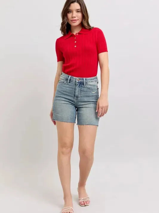 Judy Blue Side Hustle High Waist Vintage Wash Side Slit Denim Shorts-Women's Jeans-Shop Z & Joxa