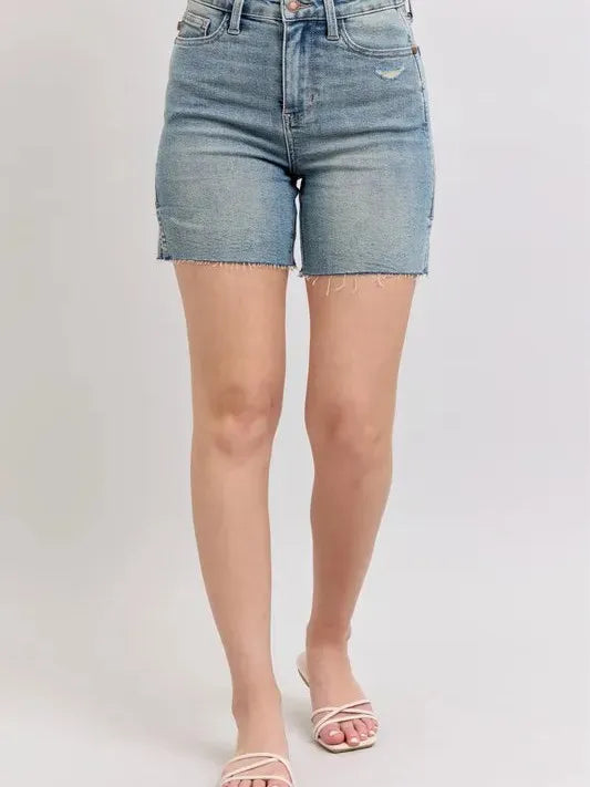 Judy Blue Side Hustle High Waist Vintage Wash Side Slit Denim Shorts-Women's Jeans-Shop Z & Joxa