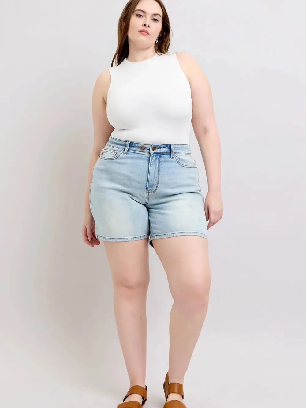 Judy Blue Starlight Double Button Light Wash Denim Shorts-Women's Shorts-Shop Z & Joxa