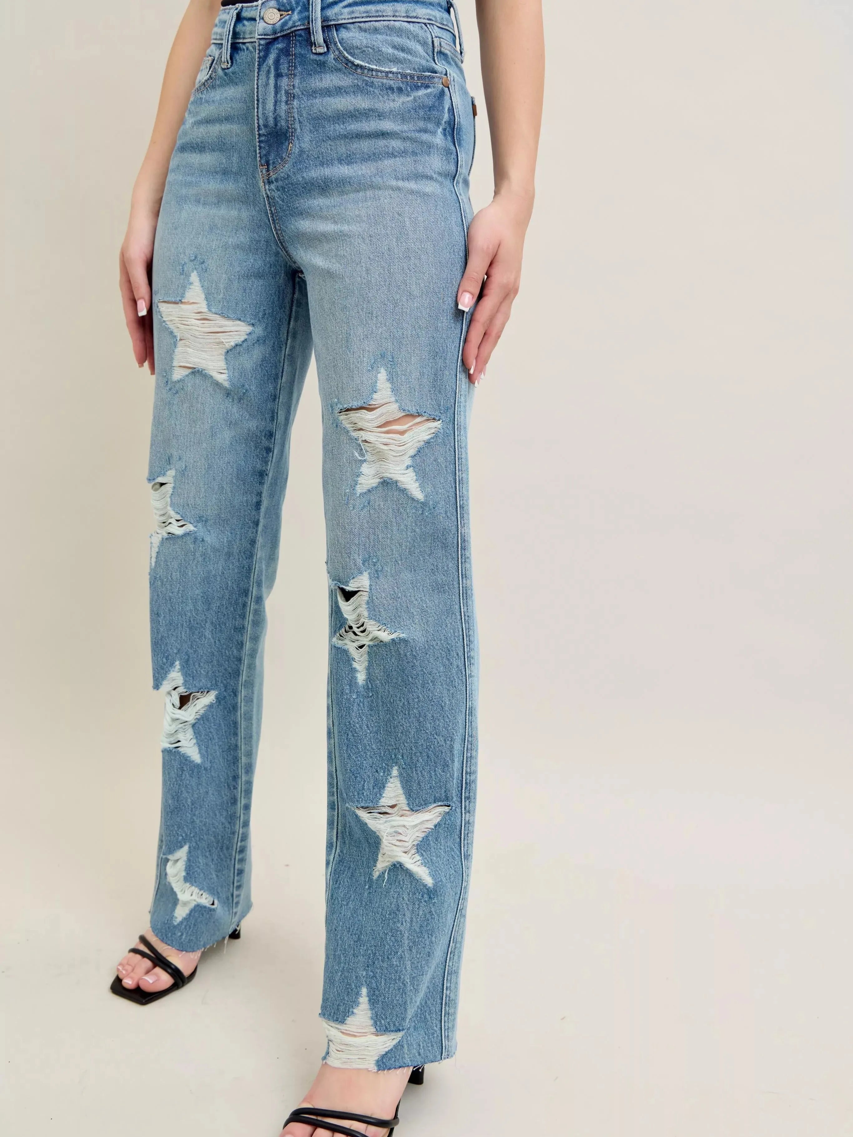 Judy Blue Starry Stone High Rise Star Shaped Destroyed Jeans-Women's Jeans-Shop Z & Joxa