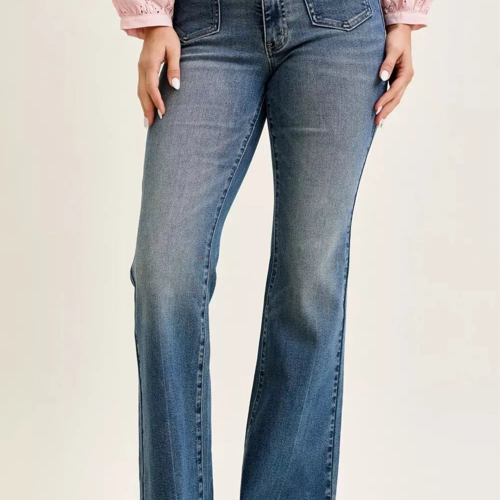 Judy Blue Stone Flare Revival Midrise Jeans with Flap Pockets-Women's Jeans-Shop Z & Joxa