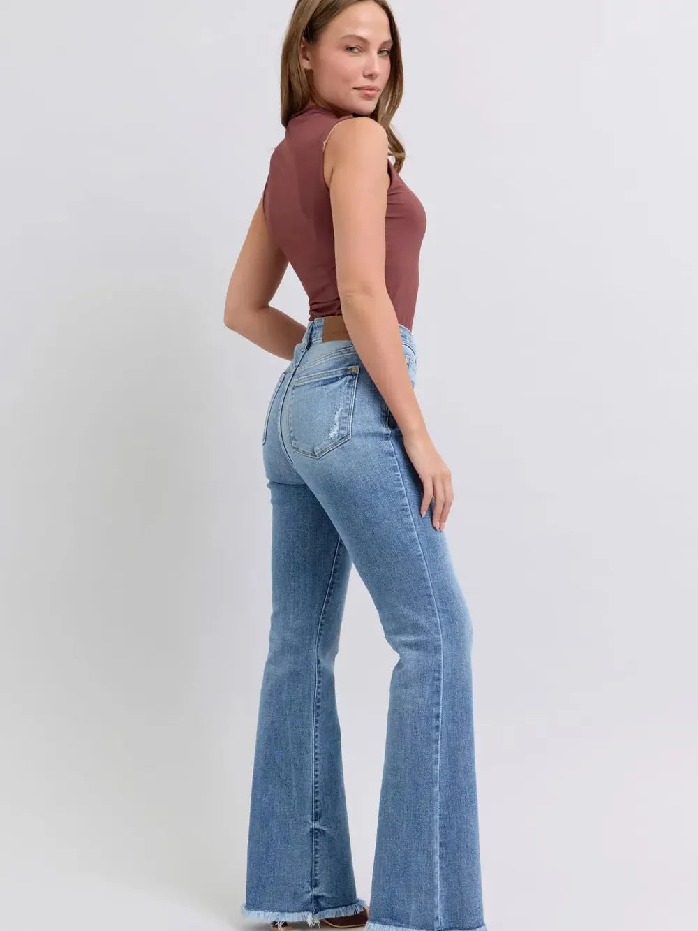 Judy Blue Stoneway Raw Hem High Rise Bootcut Jeans-Women's Jeans-Shop Z & Joxa