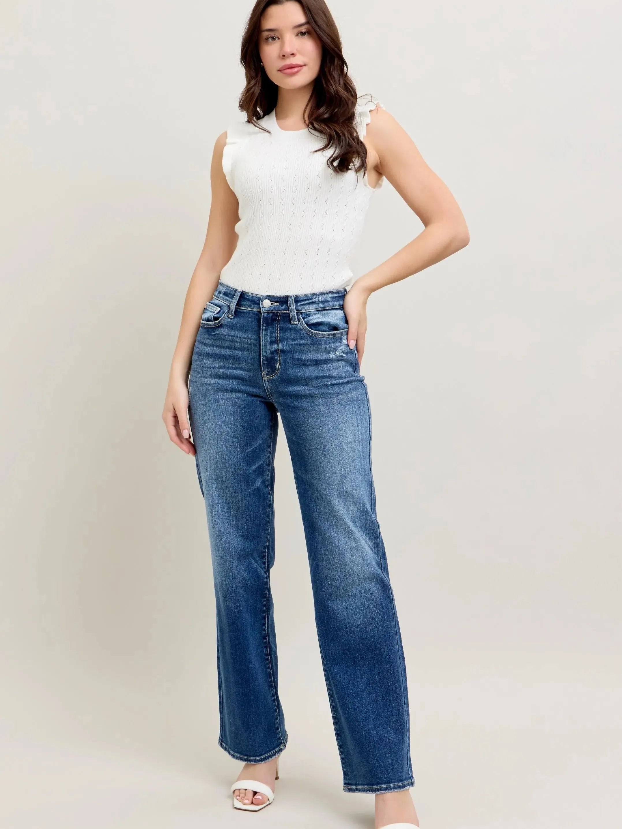 Judy Blue Throwback Cool High Waist Straight Leg Jeans in Dark Stone-Women's Jeans-Shop Z & Joxa