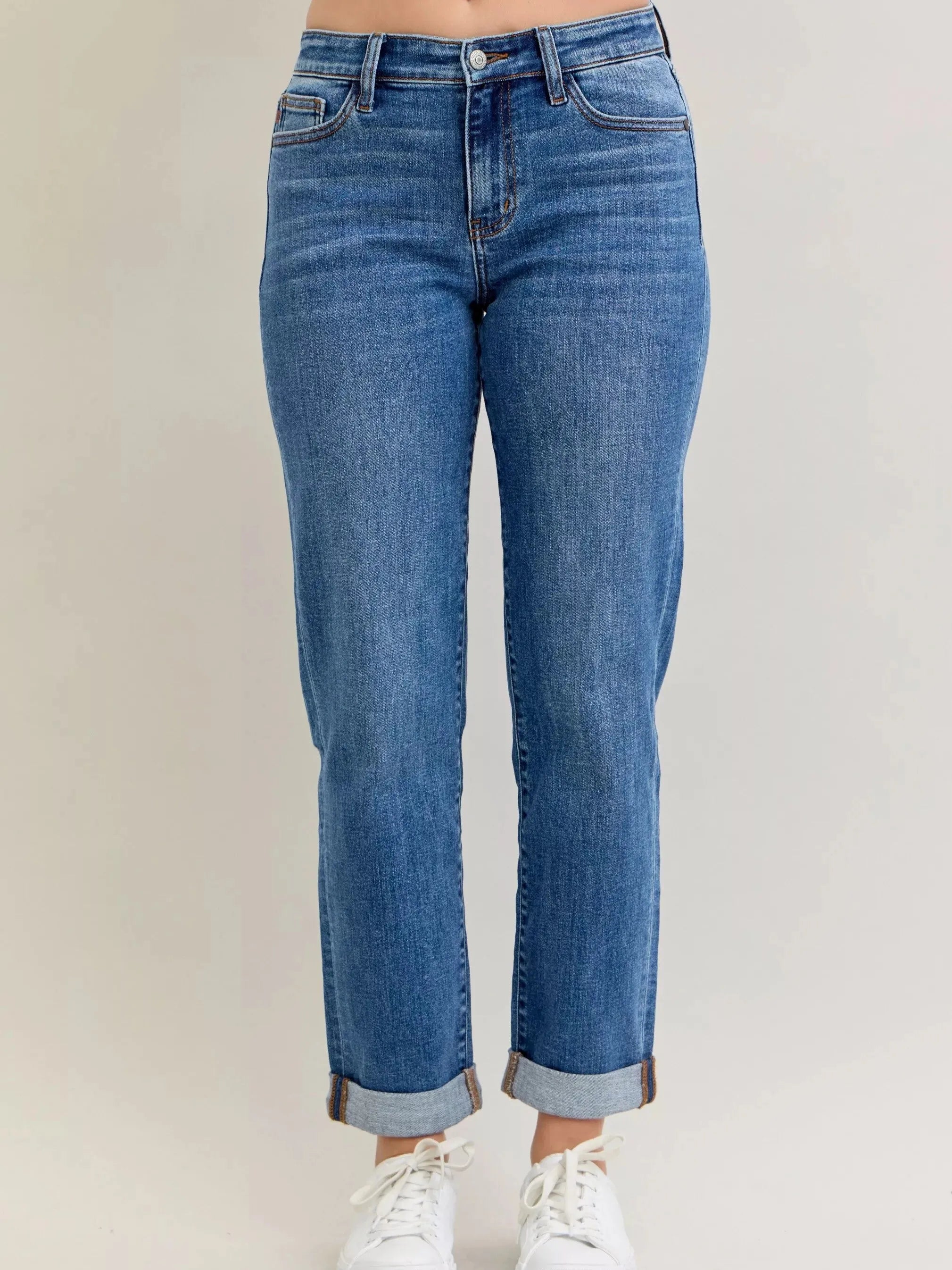 Judy Blue Weekend Vibes Mid Rise Boyfriend Jeans with Cuff-Women's Jeans-Shop Z & Joxa