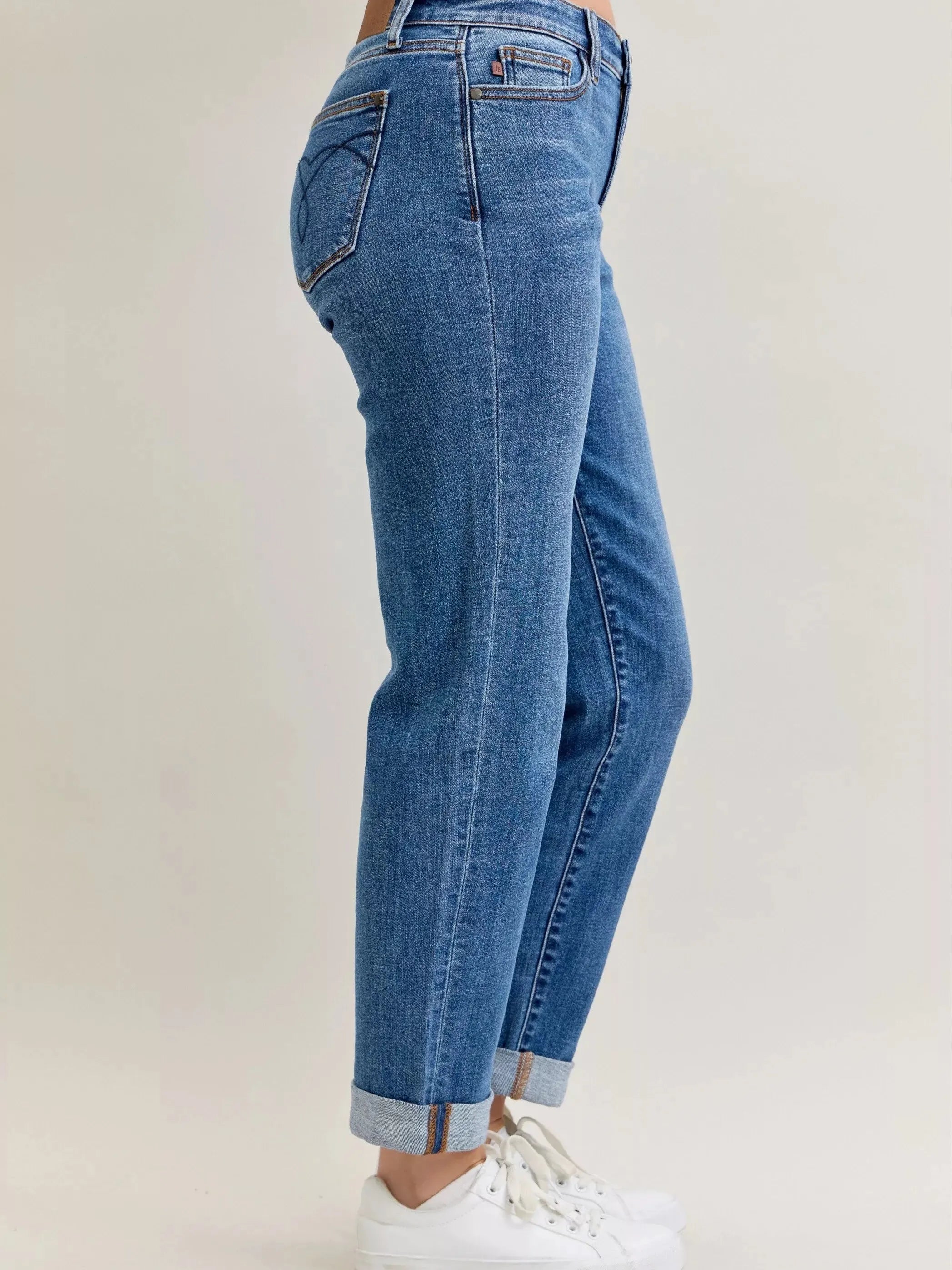 Judy Blue Weekend Vibes Mid Rise Boyfriend Jeans with Cuff-Women's Jeans-Shop Z & Joxa