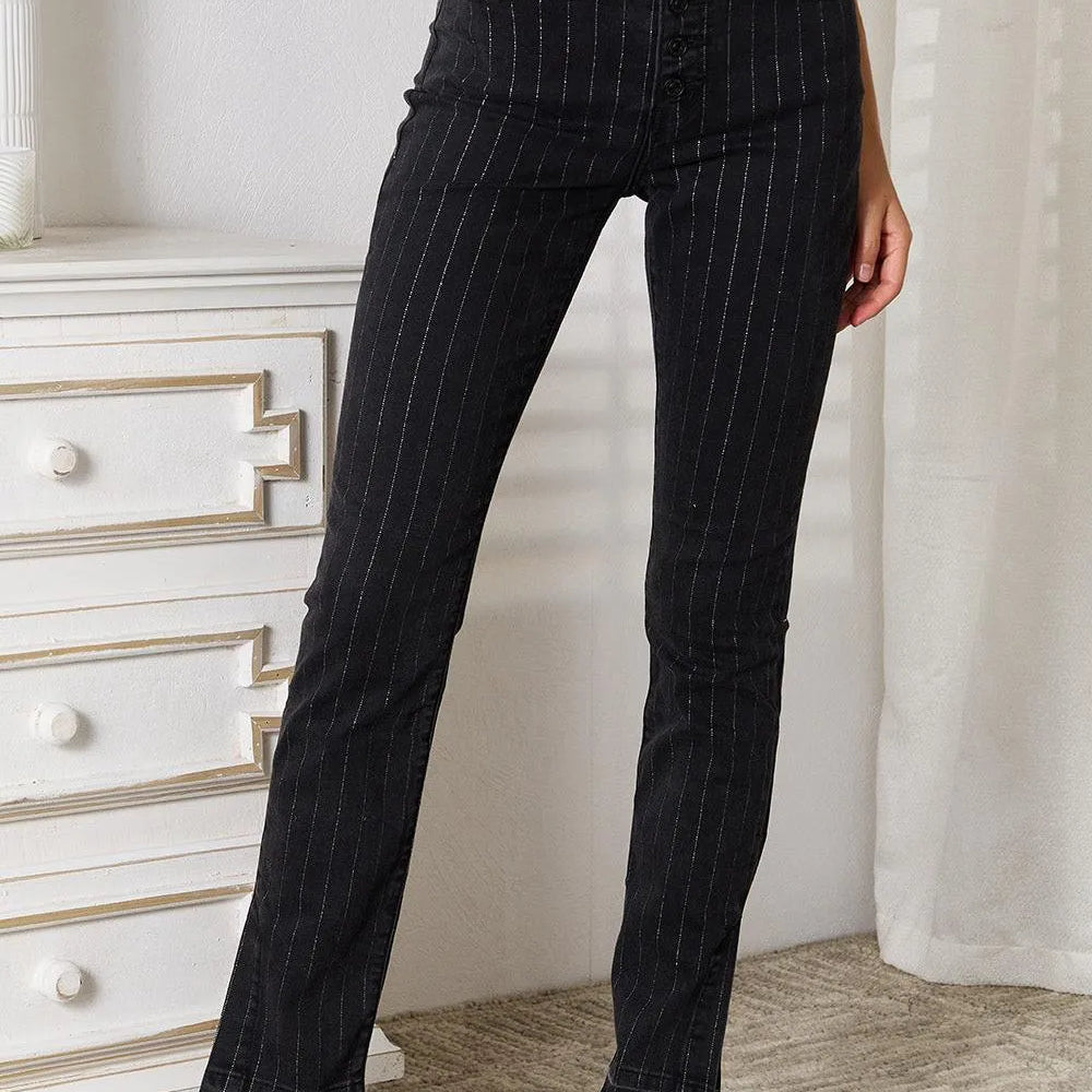 Kancan Onyx Glide Black Pants with Silver Stripes-Women's Jeans-Shop Z & Joxa