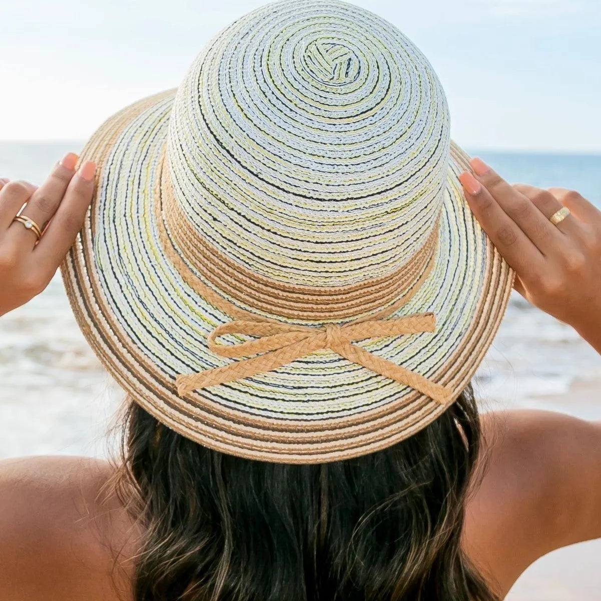 Sun Kissed & Striped Multi-Stripe Bow Accent Sunhat-Straw Sunhat-Shop Z & Joxa