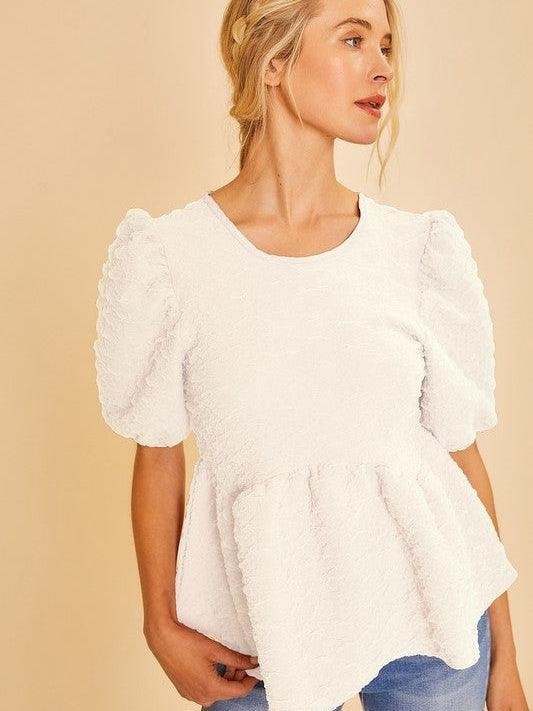 Lace Textured Princess Line Top in White-Women's Shirts & Tops-Shop Z & Joxa