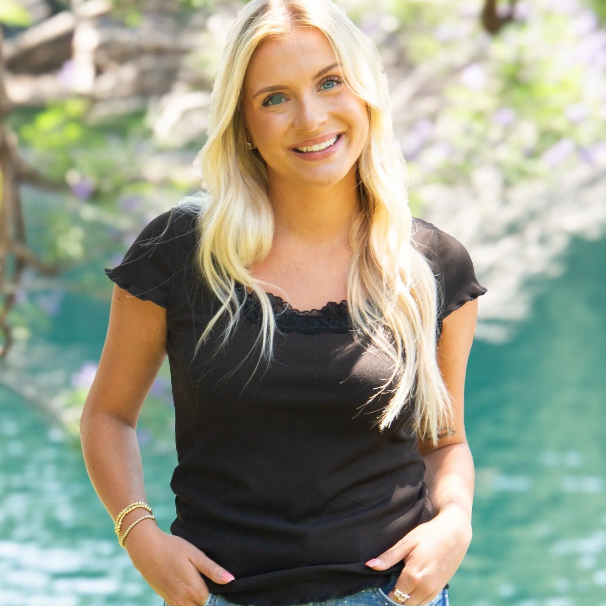 Lace to Love Square Neck Tee with Lace Trim, Black-Ladies Tops-Shop Z & Joxa